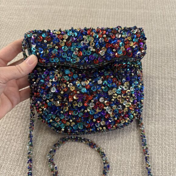 Vintage Beaded Crossbody Black Sequin Purse Holiday Evening Bag Event Clutch - Picture 8 of 8